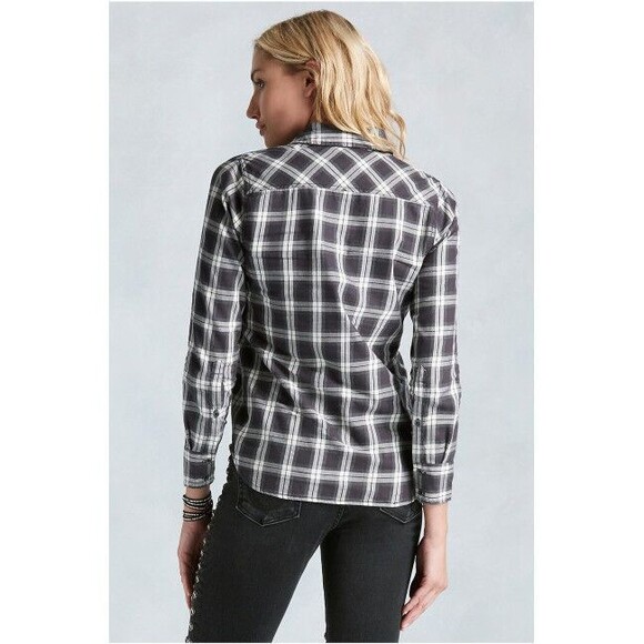 New Womens Designer True Religion S Plaid Top Logo Black Red NWT Long Snap Front - Picture 2 of 5